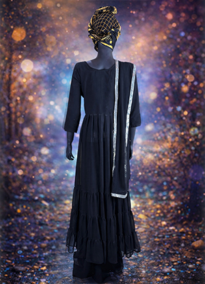 Black-Chiffon-Long-Dress-Set-with-Pants-Scarf-–-Silver-Embroidery-Hand-Work-back