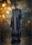 Black-Chiffon-Long-Dress-Set-with-Pants-Scarf-–-Silver-Embroidery-Hand-Work-front