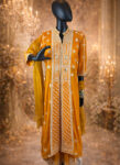 Bright Yellow Long Kamiz Set with Pants & Scarf – White All-Over Handwork-front