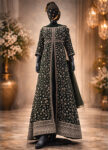 Dark-Green-Chiffon-Long-Dress-Set-with-Pants-Dupatta-–-Silver-Embroidery-Hand-Work-front