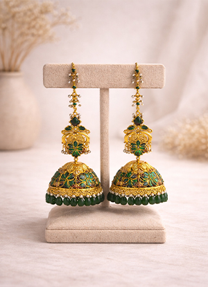 Gold-Plated-Handmade-Jhumka-Earrings-with-Green-Stone-Pearl-Drops-first