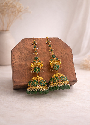 Gold-Plated-Handmade-Jhumka-Earrings-with-Green-Stone-Pearl-Drops