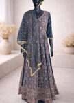 Grey Chiffon Three-Layer Fusion Dress Set with Blouse, Skirt & Long Cardigan – Gold & Off-White Hand Embroidery-front