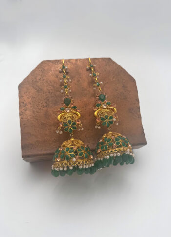 Gold Plated Handmade Jhumka Earrings with Green Stone & Pearl Drops