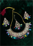 Multicolor Stone Work Gold Tone Jewelry Set with Necklace, Earrings & Maang Tikli