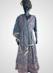 Grey Chiffon Three-Layer Fusion Dress Set with Blouse, Skirt & Long Cardigan – Gold & Off-White Hand Embroidery (Size XL)