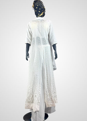 White Chiffon Long Dress Set with Loose Pants & Scarf – Silver & Stone Hand Work (Size XXL)