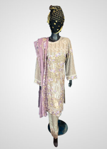 Grey & Pink Chiffon Shalwar Kamiz with Dupatta – Hand Embroidery & Artisanal Work (Size 48)
