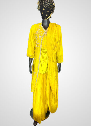 Mustard Yellow Saree-Inspired Chiffon & Silk Top with Long Vest – Handcrafted Festive Ensemble