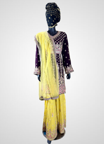Maroon & Yellow Chiffon Tunic Sharara Set with Dupatta – All-Over Embroidery (Size 46)