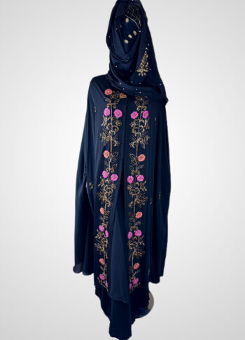 Black Silk Abaya with Hand Embroidery & Matching Scarf – Elegant Free Size Design