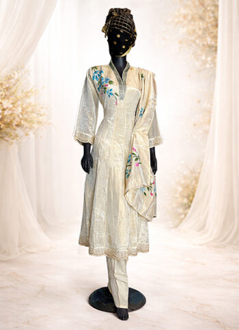 Ivory-Silk-Hand-Painted-Long-Dress-Set-with-Pants-Scarf-–-Beads-Stone-Work-front