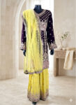 Maroon & Yellow Chiffon Tunic Sharara Set with Dupatta – All-Over Embroidery-front