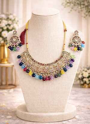 Multicolor-Stone-Work-Gold-Tone-Jewelry-Set-with-Necklace-Earrings-Maang-Tikli-first