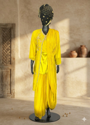 Mustard-Yellow-Saree-Inspired-Chiffon-Silk-Top-with-Long-Vest-–-Handcrafted-Festive-Ensemble-front
