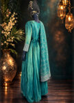 Teal Green Silk Long Gown with Belt & Embroidered Dupatta – Handcrafted Embroidery-front