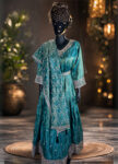 Teal Green Silk Long Gown with Belt & Embroidered Dupatta – Handcrafted Embroidery (Size XL)