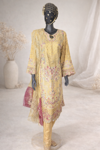 Handmade Yellow Embroidered Shalwar Kameez Set with Dupatta – Crêpe Chiffon Festive Wear
