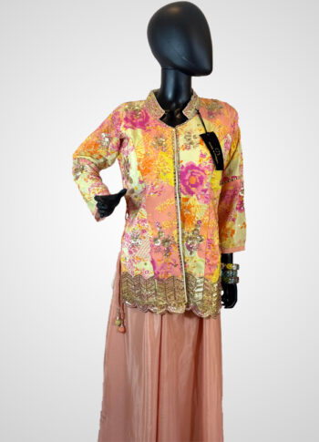 White Pinkish Silk Jacket with Loose Pants – Hand-Embroidered Designer Set