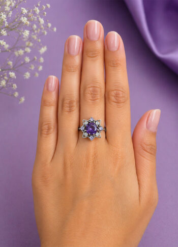 Handmade 100% Pure Silver Amethyst & Zirconia Star Ring – Oxidized Artisan Design
