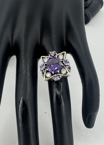 Handmade 100% Pure Silver Amethyst & Zirconia Star Ring – Oxidized Artisan Design - original