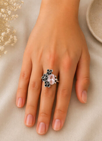 Handmade 100% Pure Silver Pink Zirconia Floral Ring – Oxidized Artisan Design