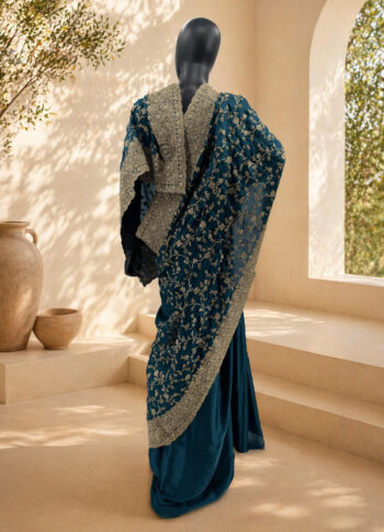 Teal Blue Silk Saree with Golden Zari Work – Handcrafted Luxury Party Wear - back