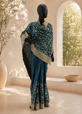 Teal Blue Silk Saree with Golden Zari Work – Handcrafted Luxury Party Wear