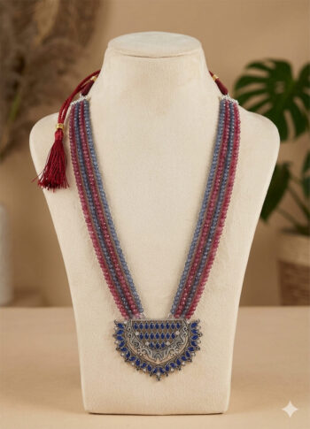 Crystal Beaded Necklace with Silver Pendant in Ruby Red & Twilight Blue -
