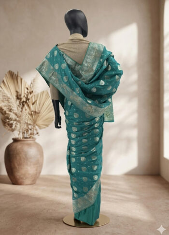Blue-Green Chennai Katan Silk Saree with Gold Zari & Stone Work – Luxury Traditional Wear - back