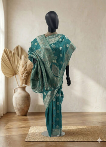 Blue-Green Chennai Katan Silk Saree with Gold Zari & Stone Work – Luxury Traditional Wear