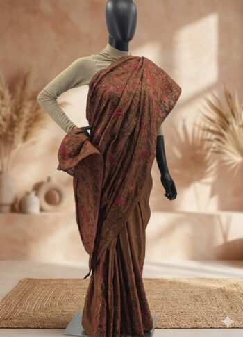 Brown Tussar Silk Saree with Red Embroidery – Handcrafted Traditional Designer Wear