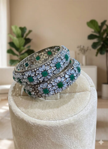 Emerald Green Stone Bangles with Floral Silver Detailing -