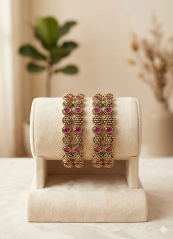Gold-Plated Brass Bracelet with Pink Gemstones – Handmade Design - with holder