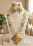Gold Plated Long Necklace with Pearl Strings & Filigree Pendant -