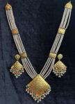 Gold Plated Long Necklace with Pearl Strings & Filigree Pendant –
