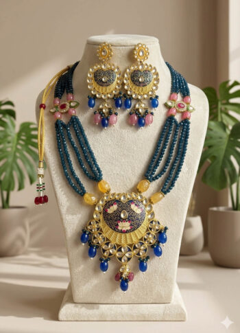 Gold Plated Necklace with Ruby, Sapphire, Moonstone & Enamel Work -
