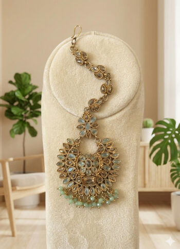 Gold-Plated Pearl & Stone Tikli – Timeless Floral Design-