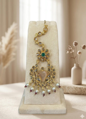 Gold-Plated Stone Tikli with Elegant Design & Pearl Drops -