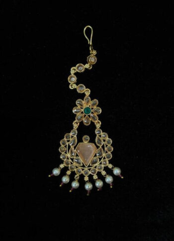 Gold-Plated Stone Tikli with Elegant Design & Pearl Drops - original