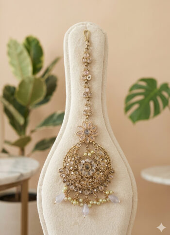 Gold-Plated Tikli with Pearls & Stone Embellishments - with holder