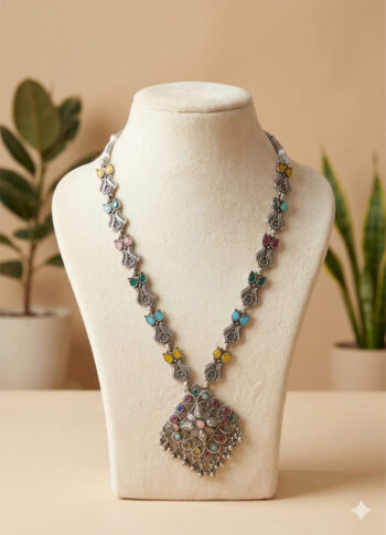 Handcrafted Silver Necklace with Multicolored Crystal Stones & Pendant -