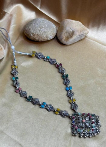 Handcrafted Silver Necklace with Multicolored Crystal Stones & Pendant - original