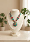 Handcrafted Silver Pendant Necklace with Red and Turquoise Beads -