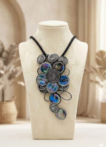 Handmade Iridescent Bead & Wire-Wrapped Spiral Necklace with holder