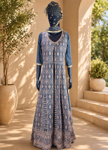 Ocean Wave Designer Dress Set – Handcrafted Chiffon 3-Piece Outfit with Dupatta