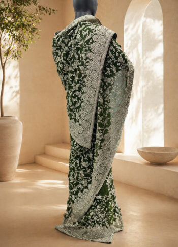Olive Green Chiffon Hand Embroidered Saree – Premium Party Wear with Silver Stone Work - back