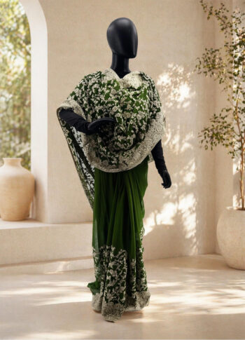 Olive Green Chiffon Hand Embroidered Saree – Premium Party Wear with Silver Stone Work