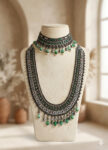 Oxidized Necklace with Emerald Drop Stones & Beaded Detailing -