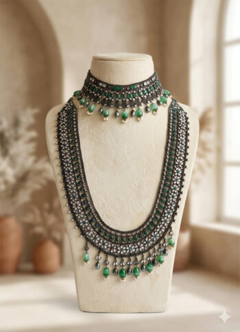 Oxidized Necklace with Emerald Drop Stones & Beaded Detailing -